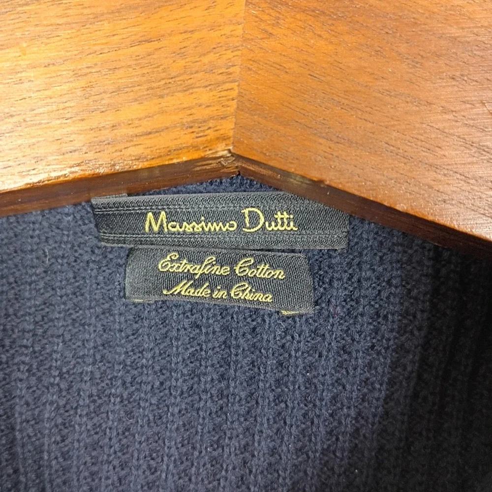 Massimo Dutti Mens XL Extrafine Cotton Navy Waffle Knit‎ Full Zip Sweater Collar